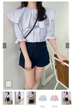 フリル付きストライプ半袖シャツ