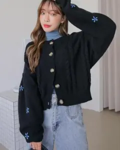 shein シーン カーディガン ニット 花 ケーブル編み dazy ブラック