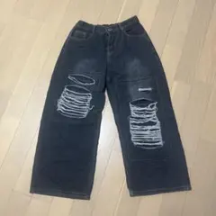 ダメージ加工 ダークグレー ワイドパンツ