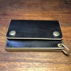 ショートトラッカーウォレット　ブラック　国産本革(ヌメ革) レザークラフト