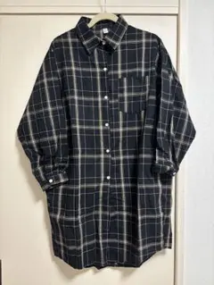 【美品】チェック柄 ロングシャツワンピース ネイビー×ベージュ サイズM