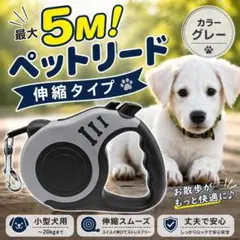 ペットリード 5M 伸縮リード グレー 小型犬 中型犬 自動巻き ロック機能付き