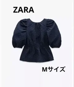 ZARA ネイビー パフスリーブ　トップス　Mサイズ