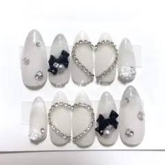 【現品】ネイルチップ フレンチガーリー 量産型 ワンホン リボン ビジュー 薔薇