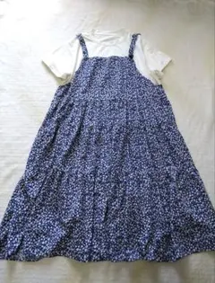 ロングワンピース ティアード 花柄 ドッキング 異素材 オーバーサイズ 半袖
