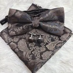 【新品】蝶ネクタイ３点セット ポケットチーフ カフスボタン ブラウン 結婚式