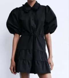 【新品タグ付き】ZARA ザラ　フリルカラーティアードワンピース　ブラック　XS