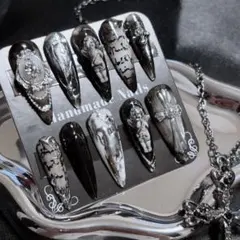ネイルチップ 天使パーツ ゴシック ブラック シルバー 量産型 地雷系 韓国