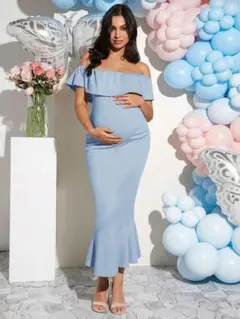 ライトブルー オフショルダーマタニティドレス