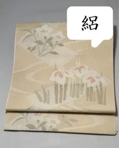 △605mn48△夏帯 絽綴れ 長尺 杜若 花 金糸 八寸名古屋帯くすみ緑△美 