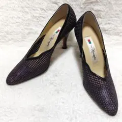銀座かねまつ ハイヒール 22cm SS ダークパープル メッシュパンプス 美品のサムネイル