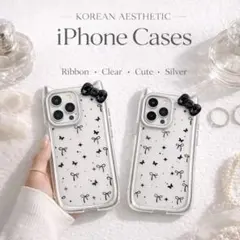 iPhoneケース 韓国風 リボン ドット クリア シルバー 透明 かわいい