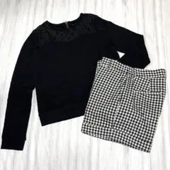 大人可愛い♡胸元レーストップス＆ギンガムチェックパンツ 2点セット S 黒