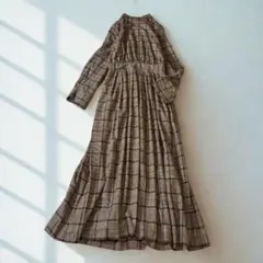 プラステ チェック柄スタンドカラーロングワンピース S 裏地あり ブラウン系