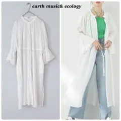 earth アース　ノーカラー　ロング　スリーブ　シャツワンピース　フレア袖