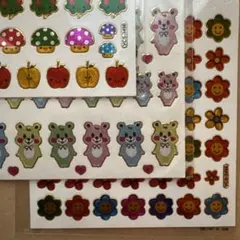 平成レトロ　きのこ、りんご、くま、花カラフルなシール3シートセット