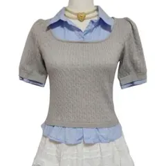 OLIVE des OLIVE シャツレイヤードニット グレー ケーブルニット