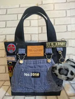 No.E016 デニムトートバッグ ヒッコリー　オーバーオール　リメイクデニム
