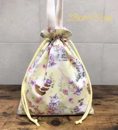 巾着袋（持ち手・裏地付き）⭐︎handmade⭐︎フラワーキャット イエロー
