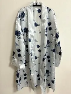 【訳あり・格安】サテン調 ローズ柄 ルームウェア ガウン 部屋着 バラ柄 紺