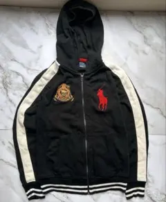 90s ラルフローレン ジップパーカー 黒 サイドライン y2k ビックポニー