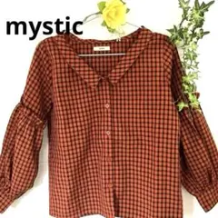 【美品】mystic チェック柄 ブラウス 長袖 レンガ×黒 フリル 大人可愛い