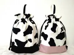牛柄　巾着袋セット　黒×くすみピンク　給食袋　コップ袋　カウ柄　ループ