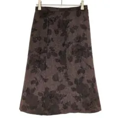 【インディヴィ】スカート　ジャガード　秋冬　花柄　ブラウン　Ｓサイズ