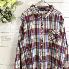 【グリーンレーベル】コットン100%✨チェック柄長袖シャツ（M）レッド系