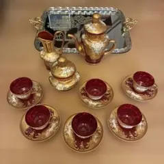 ベネチアングラス Sergio Zane デキャンタ グラス セット 金彩 赤 ベネチアングラス Sergio Zane デキャンタ グラス セット 金彩 赤