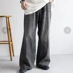 レイジブルー◎ヴィンテージライクデニムワイドフレアパンツ　メンズボトムス　グレー