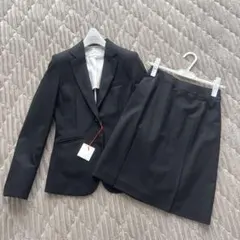 ブラック ストライプ スカートスーツ　7号　ブラウス付　リクルート