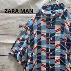 ZARA MAN 総柄レーヨンシャツ 半袖シャツ 青 夏 爽やか 人気 お洒落