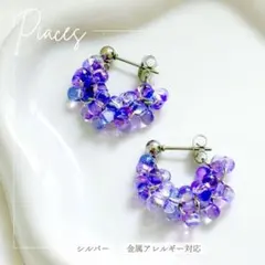 【ハンドメイド】うるツヤ ファルファーレビーズのフープピアス シルバー×ブルー