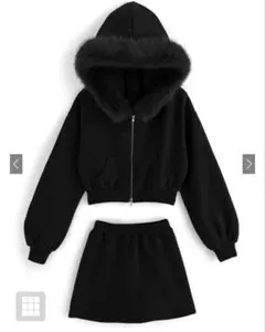 ファーフードジップパーカー×ミニスカートセットアップ GRL