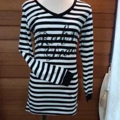 ボーダーロングTシャツ 長袖ロンT　スパンコール刺繍　白黒