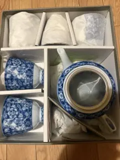 美濃焼　龍峰窯　染付更紗　ポット　茶器揃え　6点 日本茶　煎茶　急須　湯呑み
