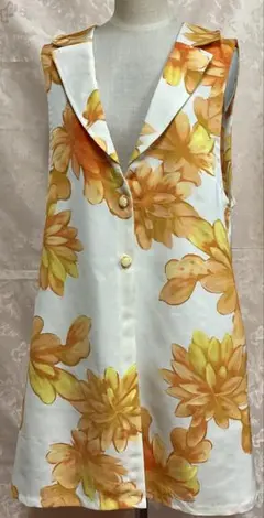 着物リメイク　華やかな大きな花柄正絹テーラードカラーロングベスト・ジレ　Lサイズ