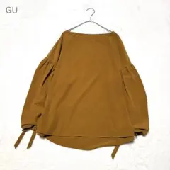 ジーユー GU ボリュームスリーブブラウス クルーネック マスタード リボン