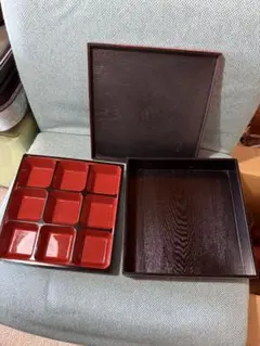 15セット　木製重箱 赤と黒 9仕切り