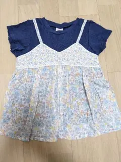 プティマイン 半袖 カットソー 小花柄 ネイビー 100cm