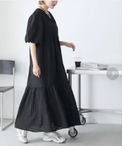 forksy パフスリーブワンピース　半袖　ブラック