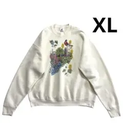 80s 90s USA製 スウェット XL 生成り 小鳥 花 ライトイエロー