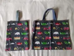 ハンドメイド　レッスンバッグと上靴袋のセット　働く車と動物柄