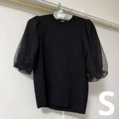 【新品未使用】ドットチュール袖 黒　ニット　半袖　トップス　セーター