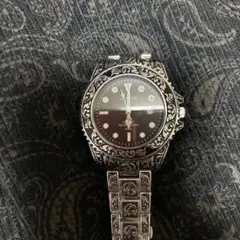 メンズ アナログ 腕時計＊アンティーク＊総柄＊銀黒＊クォーツ＊