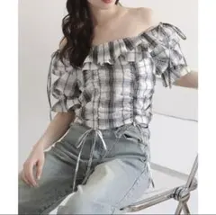 【新品】【NICE CLAUP】2wayチェック柄オフショルダー半袖トップス