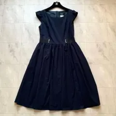 近年♡美品♡ルネ パールボタン 膝丈 ワンピース ギャザー ネイビー 38