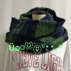 チェック 起毛性ニット スヌード ネイビー×グリーン マフラー