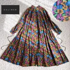 美品✨ カリネ　ボタニカル花柄シャツワンピース　Aラインギャザー サイドリボン